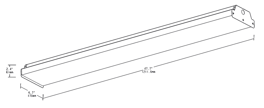 Dimension drawing of the RAB GUSJR4/MVS/E GUS JR Field-Adjustable LED Wrap Light – 4ft – Selectable 20W/30W/40W – Selectable 3500K/4000K/5000K – 2883-5540 Lumens – 120-277V – Microwave Occupancy Sensor – Emergency Battery Backupshowing fixture dimensions and mounting measurements.