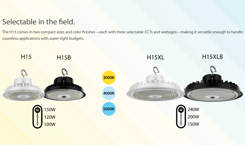RAB H15XLB H15XL LED UFO High Bay Light – Selectable 150W/200W/240W – Selectable 3000K/4000K/5000K – 22427-35618 Lumens – 120-277V – Black Finish