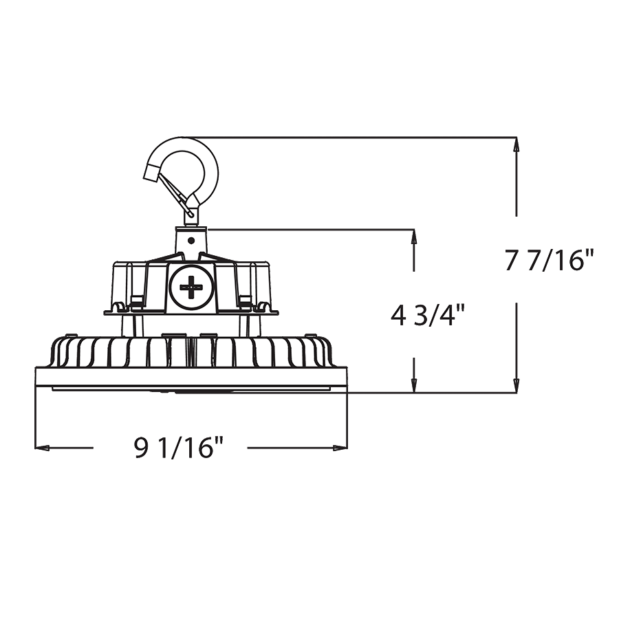 Dimension drawing of the RAB H15B H15 LED UFO High Bay Light – Selectable 100W/120W/150W – Selectable 3000K/4000K/5000K – 14708-23024 Lumens – 120-277V – Black Finishshowing fixture dimensions and mounting measurements.
