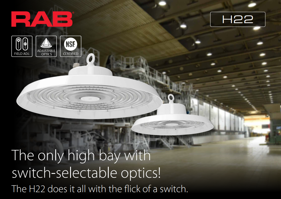 RAB H22/480 H22 NSF LED UFO High Bay Light – Selectable 100W/120W/150W – Selectable 3000K/4000K/5000K – 14874-23091 Lumens – 480V – Adjustable Beam Angle – White Finish