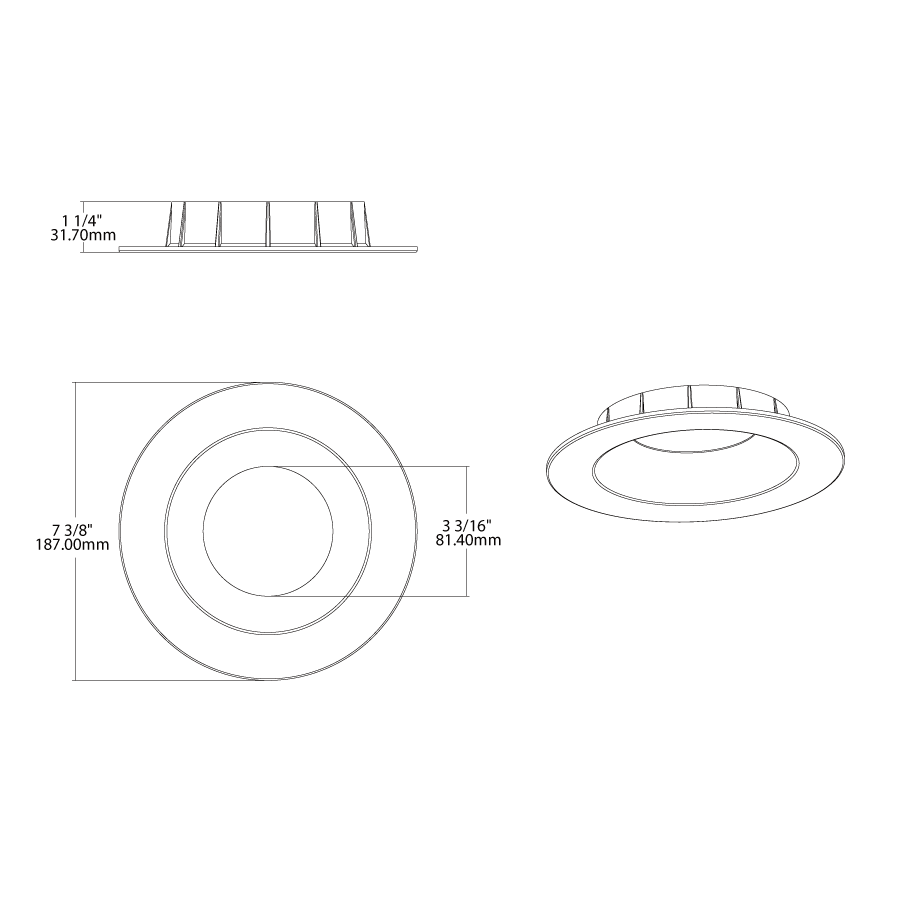 Dimension drawing of the RAB HAT6RW 6in Modular Recessed Downlight Color Trim – Round – Smooth Trim – White Finishshowing fixture dimensions and mounting measurements.