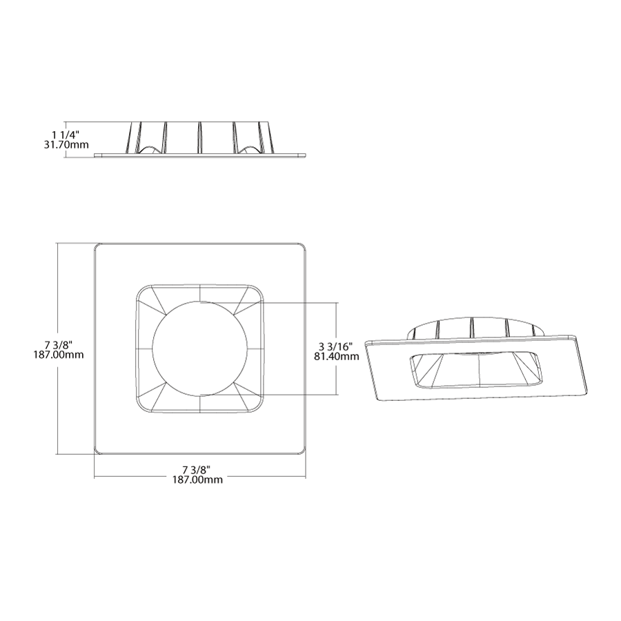 Dimension drawing of the RAB HAT6SBN 6in Modular Recessed Downlight Color Trim – Square – Smooth Trim – Brushed Nickel Finishshowing fixture dimensions and mounting measurements.