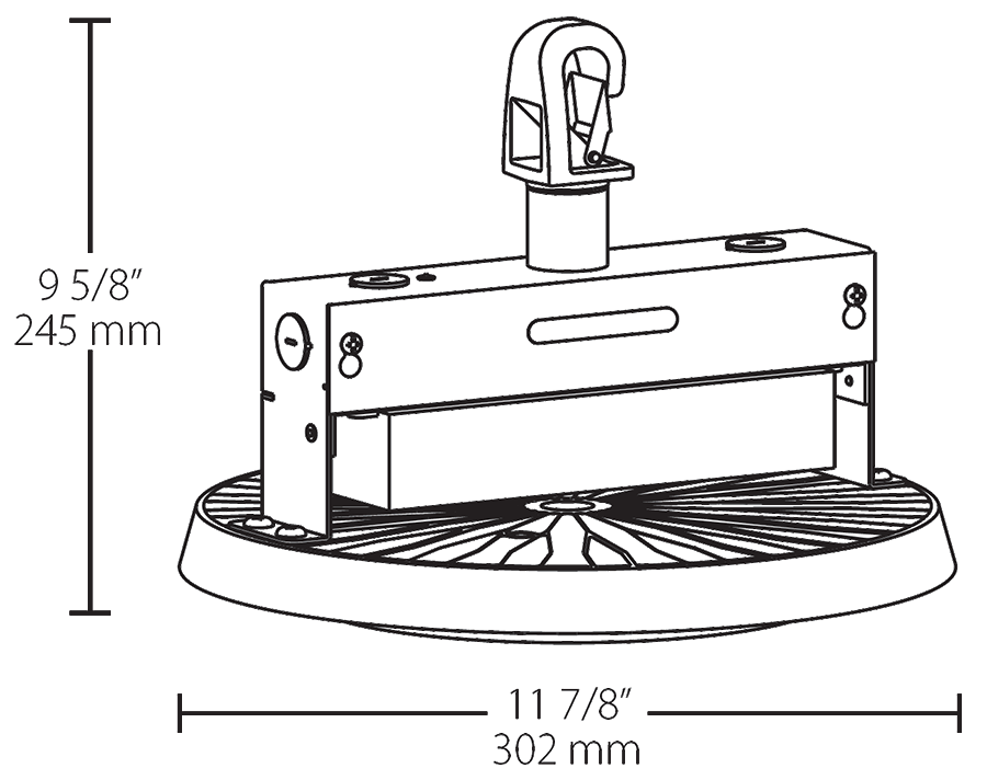 Dimension drawing of the RAB HAYBAY130/D10/E2 HAYBAY High Bay – 130W – 5000K – 19721 Lumens – 120-277V – 0-10V Dimmable – Emergency Battery Backup – White Finishshowing fixture dimensions and mounting measurements.