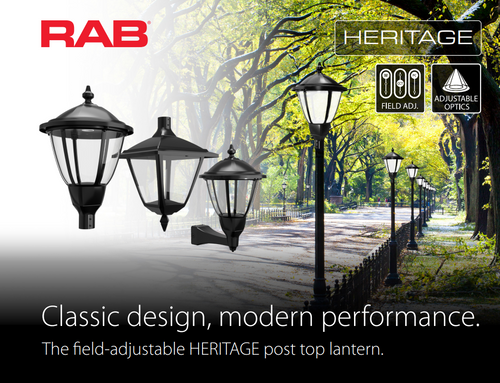 RAB HTG-S/480 Heritage Square Outdoor Post Top Light – 60W-120W Selectable – Type III/Type V Distribution – 3000K/4000K/5000K Selectable – 5089-15401 Lumens – 480V – Bronze Finish