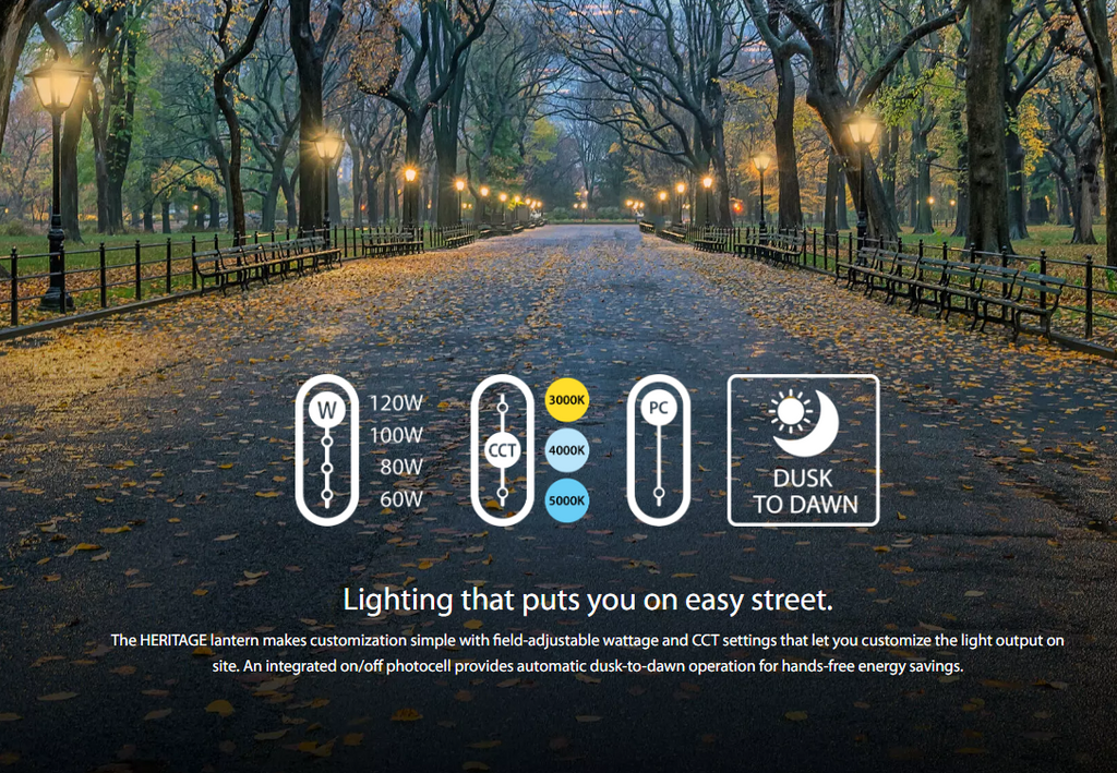 RAB HTG-SP Heritage Square Outdoor Pendant Light – 60W-120W Selectable – Type III/Type V Distribution – 3000K/4000K/5000K Selectable – 5089-15401 Lumens – 120-277V – Bronze Finish