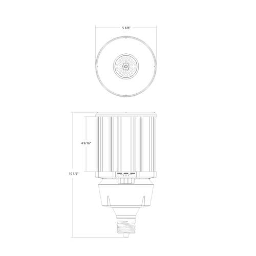 Dimension drawing of the RAB HID-100-EX39-8CCT-BYP/5SP/480V HID Post Top LED Retrofit Lamp – Type B Bypass – 100W – Selectable 3000K/4000K/5000K – EX39 Mogul Base – 480V – 13500 Lumensshowing fixture dimensions and mounting measurements.