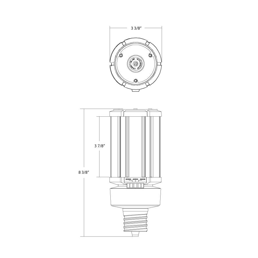 Dimension drawing of the RAB HID-36-EX39-8CCT-BYP/5SP/480V HID Post Top LED Retrofit Lamp – Type B Bypass – 36W – Selectable 3000K/4000K/5000K – EX39 Mogul Base – 480V – 4860 Lumensshowing fixture dimensions and mounting measurements.
