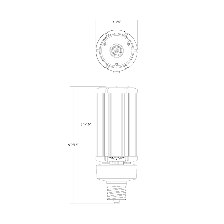 Dimension drawing of the RAB HID-54-EX39-8CCT-BYP/5SP/480V HID Post Top LED Retrofit Lamp – Type B Bypass – 54W – Selectable 3000K/4000K/5000K – EX39 Mogul Base – 480V – 7290 Lumensshowing fixture dimensions and mounting measurements.