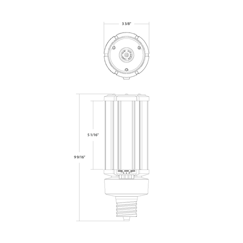 Dimension drawing of the RAB HID-54-EX39-8CCT-BYP/5SP/480V HID Post Top LED Retrofit Lamp – Type B Bypass – 54W – Selectable 3000K/4000K/5000K – EX39 Mogul Base – 480V – 7290 Lumensshowing fixture dimensions and mounting measurements.