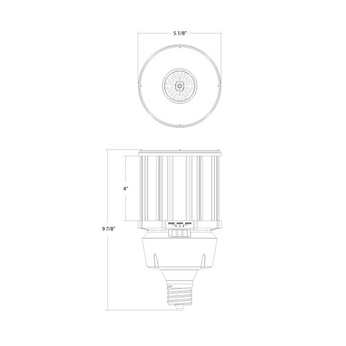 Dimension drawing of the RAB HID-80-EX39-8CCT-BYP/5SP/480V HID Post Top LED Retrofit Lamp – Type B Bypass – 80W – Selectable 3000K/4000K/5000K – EX39 Mogul Base – 480V – 10800 Lumensshowing fixture dimensions and mounting measurements.