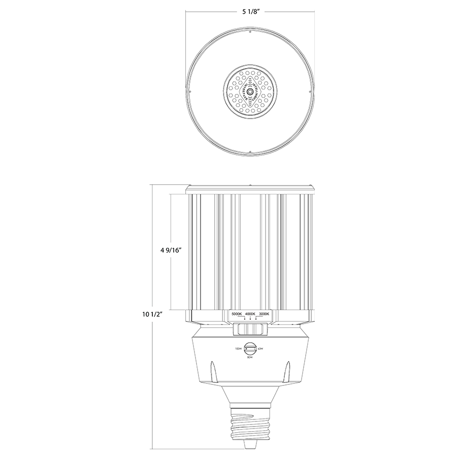 Dimension drawing of the RAB HIDFA-100S-EX39-8CCT-BYP/5SP HIDFA 5-Pin Post Top LED Retrofit Lamp – Type B Bypass – Selectable 63W/80W/100W – Selectable 3000K/4000K/5000K – EX39 Mogul Base – 120-277V – 9135-14500 Lumensshowing fixture dimensions and mounting measurements.