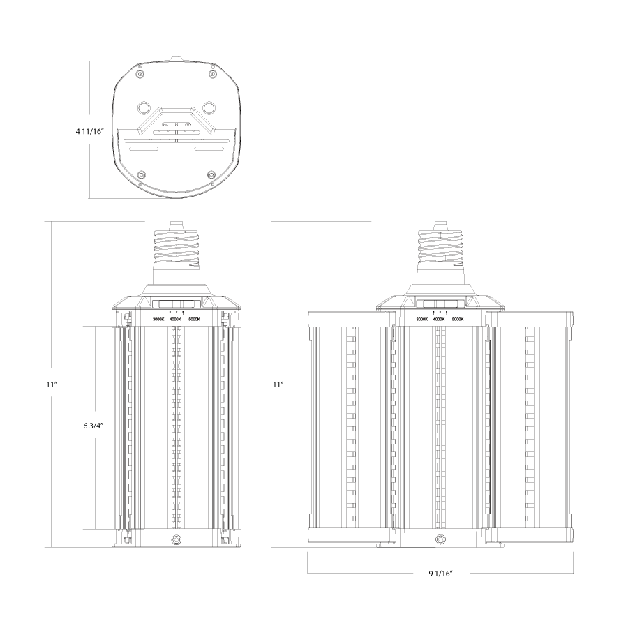 Dimension drawing of the RAB HIDFA-110-H-EX39-8CCT-BYP/5SP HIDFA 5-Port Shoebox LED Retrofit Lamp – Type B Bypass – 110W – Selectable 3000K/4000K/5000K – EX39 Mogul Base – 120-277V – 16500 Lumensshowing fixture dimensions and mounting measurements.