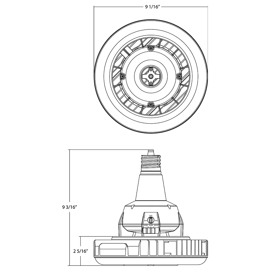 Dimension drawing of the RAB HIDFA-115S-V-EX39-8CCT-BYP/5SP HIDFA 5-Pin High Bay LED Retrofit Lamp – Type B Bypass – Selectable 60W/80W/115W – Selectable 3000K/4000K/5000K – EX39 Mogul Base – 120-277V – 8700-16675 Lumensshowing fixture dimensions and mounting measurements.