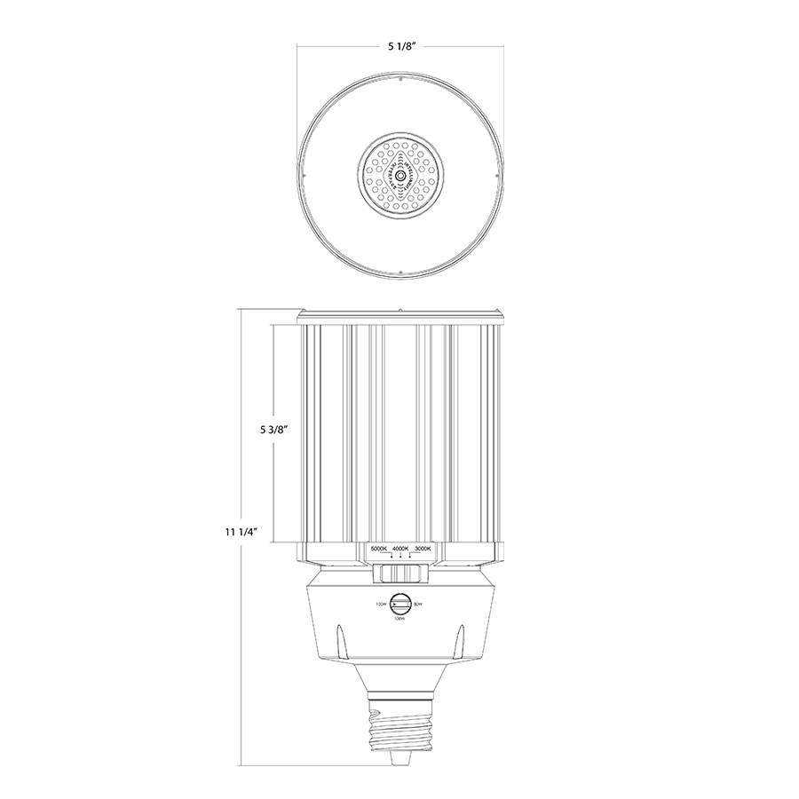 Dimension drawing of the RAB HIDFA-120S-EX39-8CCT-BYP/5SP HIDFA 5-Pin Post Top LED Retrofit Lamp – Type B Bypass – Selectable 80W/100W/120W – Selectable 3000K/4000K/5000K – EX39 Mogul Base – 120-277V – 11600-17400 Lumensshowing fixture dimensions and mounting measurements.