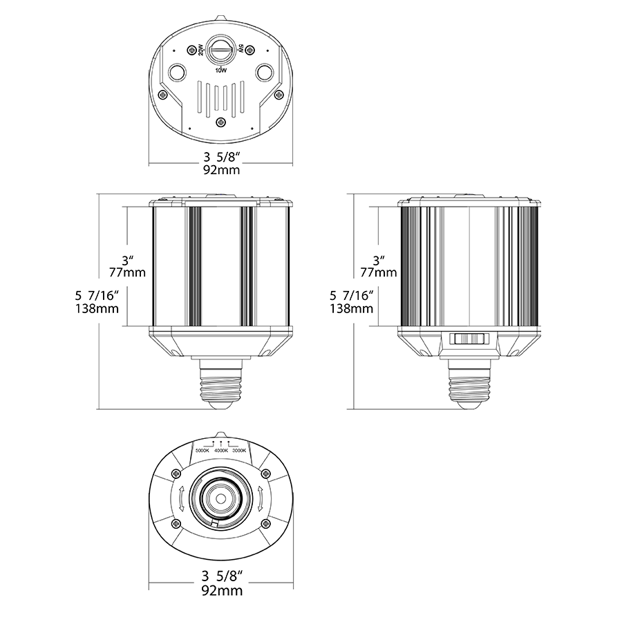 Dimension drawing of the RAB HIDFA-20S-H-E26-8CCT-BYP HIDFA Wall Pack LED Retrofit Lamp – Type B Bypass – Selectable 5W/10W/20W – Selectable 3000K/4000K/5000K – E26 Medium Base – 120-277V – 800-3200 Lumensshowing fixture dimensions and mounting measurements.
