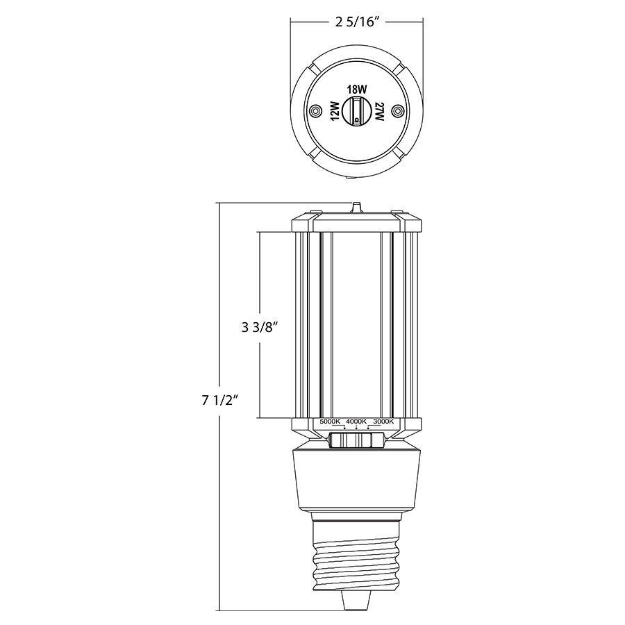Dimension drawing of the RAB HIDFA-27S-EX39-8CCT-BYP HIDFA Post Top LED Retrofit Lamp – Type B Bypass – Selectable 12W/18W/27W – Selectable 3000K/4000K/5000K – EX39 Mogul Base – 120-277V – 1740-3915 Lumensshowing fixture dimensions and mounting measurements.