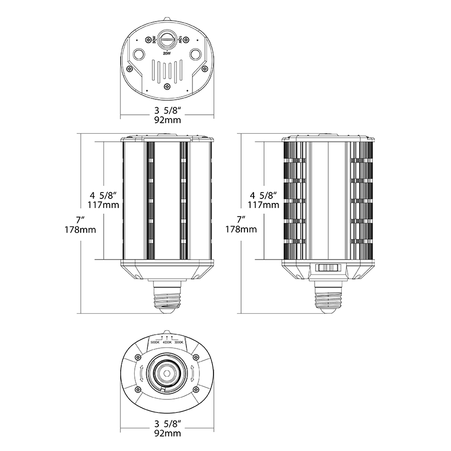 Dimension drawing of the RAB HIDFA-30S-H-E26-8CCT-BYP HIDFA Wall Pack LED Retrofit Lamp – Type B Bypass – Selectable 10W/20W/30W – Selectable 3000K/4000K/5000K – E26 Medium Base – 120-277V – 1600-4800 Lumensshowing fixture dimensions and mounting measurements.