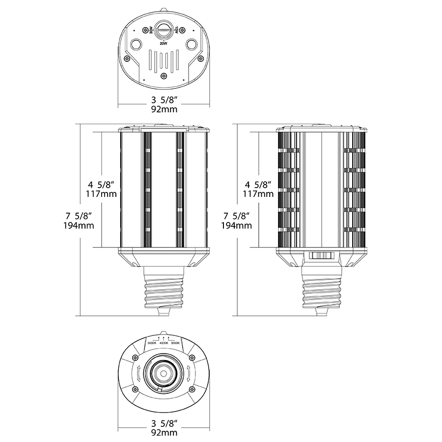 Dimension drawing of the RAB HIDFA-30S-H-EX39-8CCT-BYP HIDFA Wall Pack LED Retrofit Lamp – Type B Bypass – Selectable 10W/20W/30W – Selectable 3000K/4000K/5000K – EX39 Mogul Base – 120-277V – 1600-4800 Lumensshowing fixture dimensions and mounting measurements.