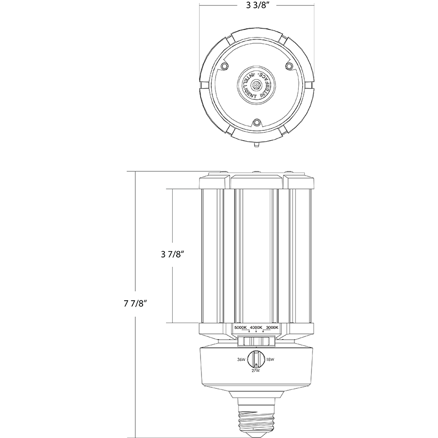 Dimension drawing of the RAB HIDFA-36S-E26-8CCT-BYP/5SP HIDFA 5-Pin Post Top LED Retrofit Lamp – Type B Bypass – Selectable 18W/27W/36W – Selectable 3000K/4000K/5000K – E26 Medium Base – 120-277V – 2610-5220 Lumensshowing fixture dimensions and mounting measurements.