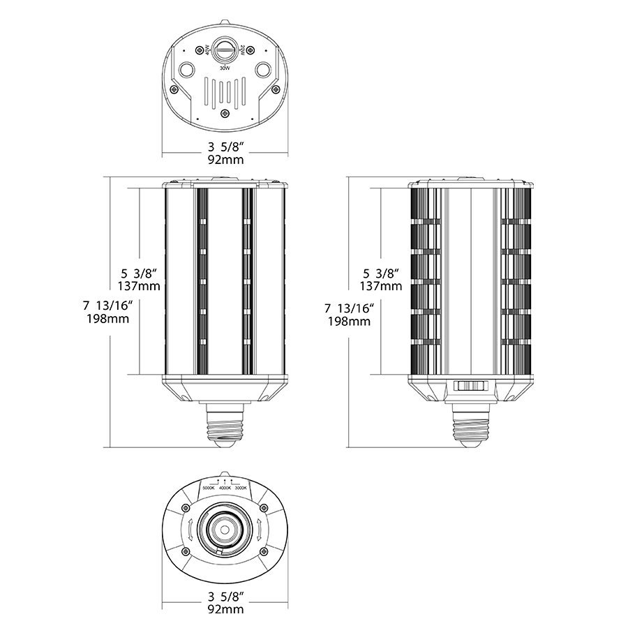 Dimension drawing of the RAB HIDFA-40S-H-E26-8CCT-BYP HIDFA Wall Pack LED Retrofit Lamp – Type B Bypass – Selectable 20W/30W/40W – Selectable 3000K/4000K/5000K – E26 Medium Base – 120-277V – 3200-6400 Lumensshowing fixture dimensions and mounting measurements.