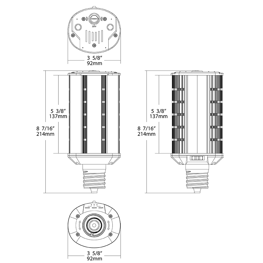 Dimension drawing of the RAB HIDFA-40S-H-EX39-8CCT-BYP HIDFA Wall Pack LED Retrofit Lamp – Type B Bypass – Selectable 20W/30W/40W – Selectable 3000K/4000K/5000K – EX39 Mogul Base – 120-277V – 3200-6400 Lumensshowing fixture dimensions and mounting measurements.