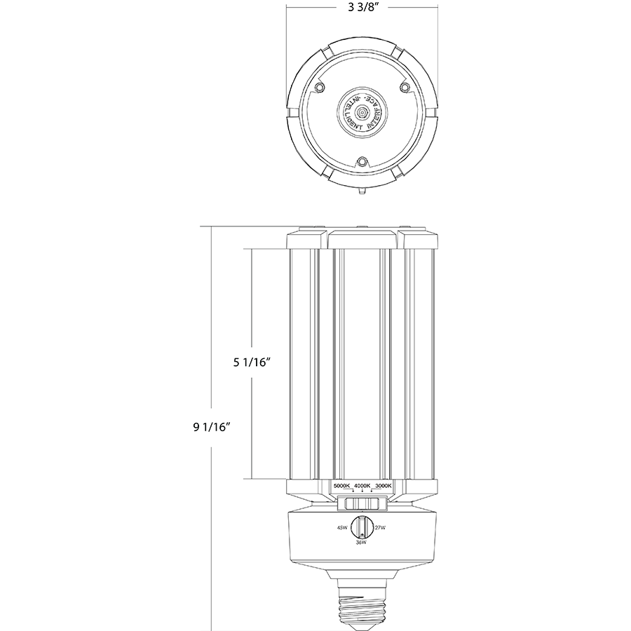 Dimension drawing of the RAB HIDFA-45S-E26-8CCT-BYP/5SP HIDFA 5-Pin Post Top LED Retrofit Lamp – Type B Bypass – Selectable 27W/36W/45W – Selectable 3000K/4000K/5000K – E26 Medium Base – 120-277V – 3915-6525 Lumensshowing fixture dimensions and mounting measurements.
