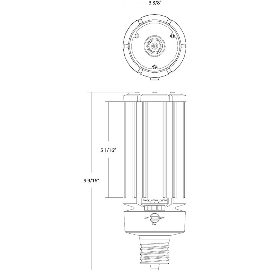 Dimension drawing of the RAB HIDFA-45S-EX39-8CCT-BYP/5SP HIDFA 5-Pin Post Top LED Retrofit Lamp – Type B Bypass – Selectable 27W/36W/45W – Selectable 3000K/4000K/5000K – EX39 Mogul Base – 120-277V – 3915-6525 Lumensshowing fixture dimensions and mounting measurements.