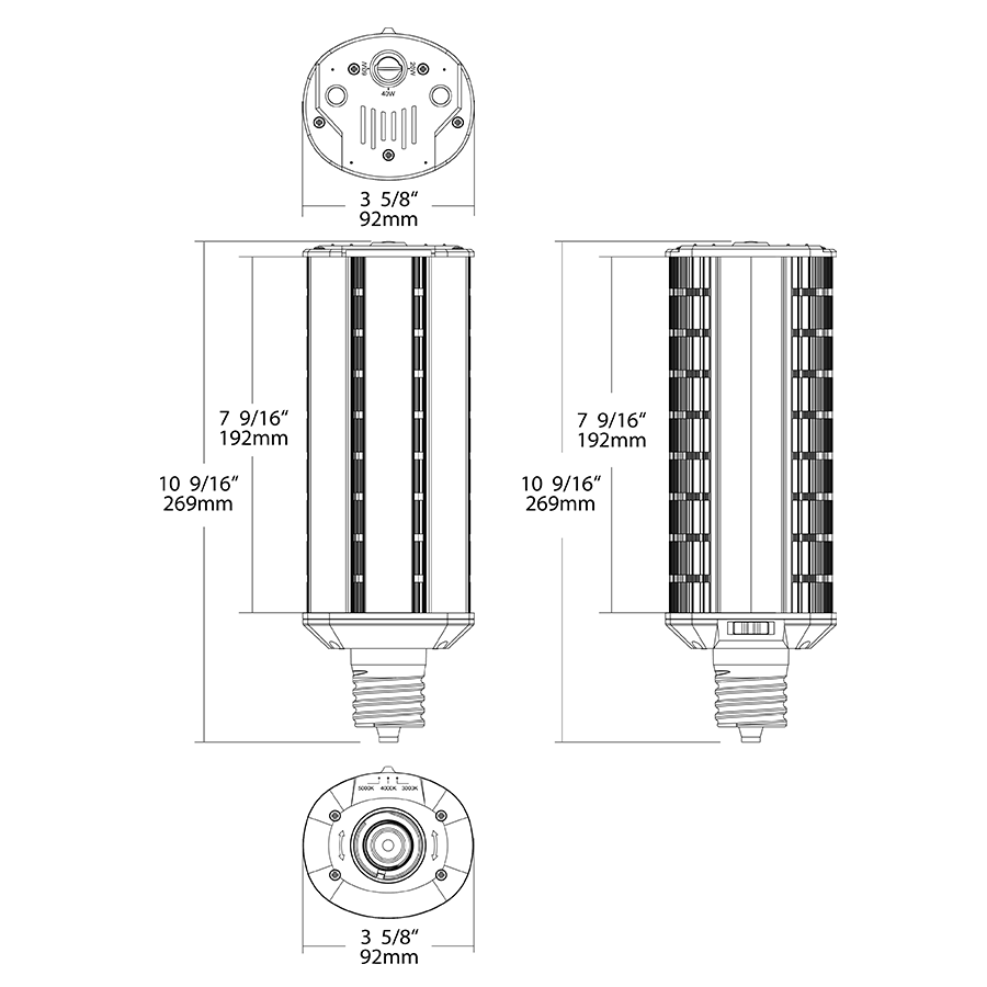 Dimension drawing of the RAB HIDFA-60S-H-EX39-8CCT-BYP HIDFA Wall Pack LED Retrofit Lamp – Type B Bypass – Selectable 20W/40W/60W – Selectable 3000K/4000K/5000K – EX39 Mogul Base – 120-277V – 3200-9600 Lumensshowing fixture dimensions and mounting measurements.