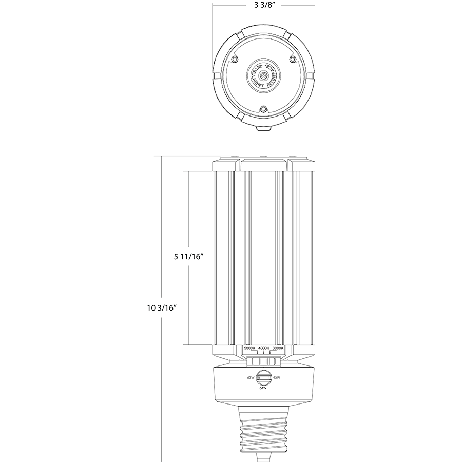 Dimension drawing of the RAB HIDFA-63S-EX39-8CCT-BYP/5SP HIDFA 5-Pin Post Top LED Retrofit Lamp – Type B Bypass – Selectable 45W/54W/65W – Selectable 3000K/4000K/5000K – EX39 Mogul Base – 120-277V – 6525-9135 Lumensshowing fixture dimensions and mounting measurements.