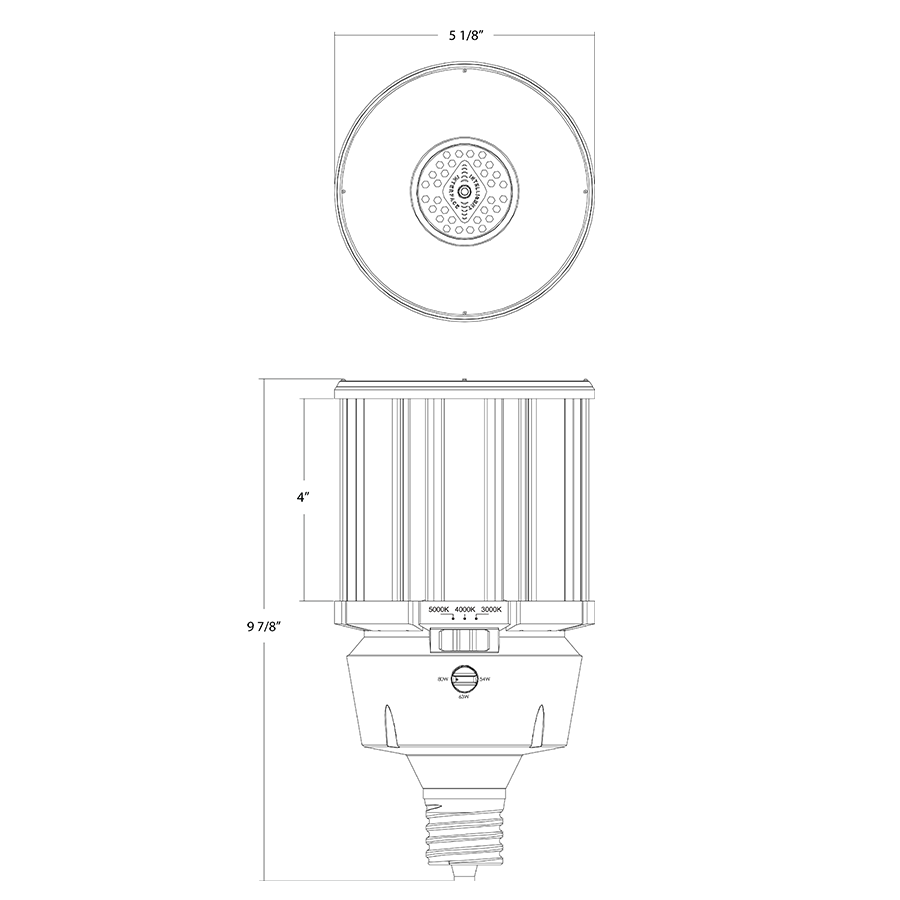 Dimension drawing of the RAB HIDFA-80S-EX39-8CCT-BYP/5SP HIDFA 5-Pin Post Top LED Retrofit Lamp – Type B Bypass – Selectable 54W/63W/80W – Selectable 3000K/4000K/5000K – EX39 Mogul Base – 120-277V – 7830-11600 Lumensshowing fixture dimensions and mounting measurements.