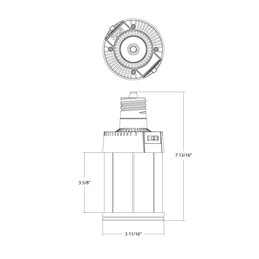 Dimension drawing of the RAB HIDFA-80S-EX39-8CCT-BYP HIDFA Post Top LED Retrofit Lamp – Selectable 80W/60W/40W – Selectable 3000K/4000K/5000K – EX39 Mogul Base – 120-277V – 6904-12330 Lumensshowing fixture dimensions and mounting measurements.