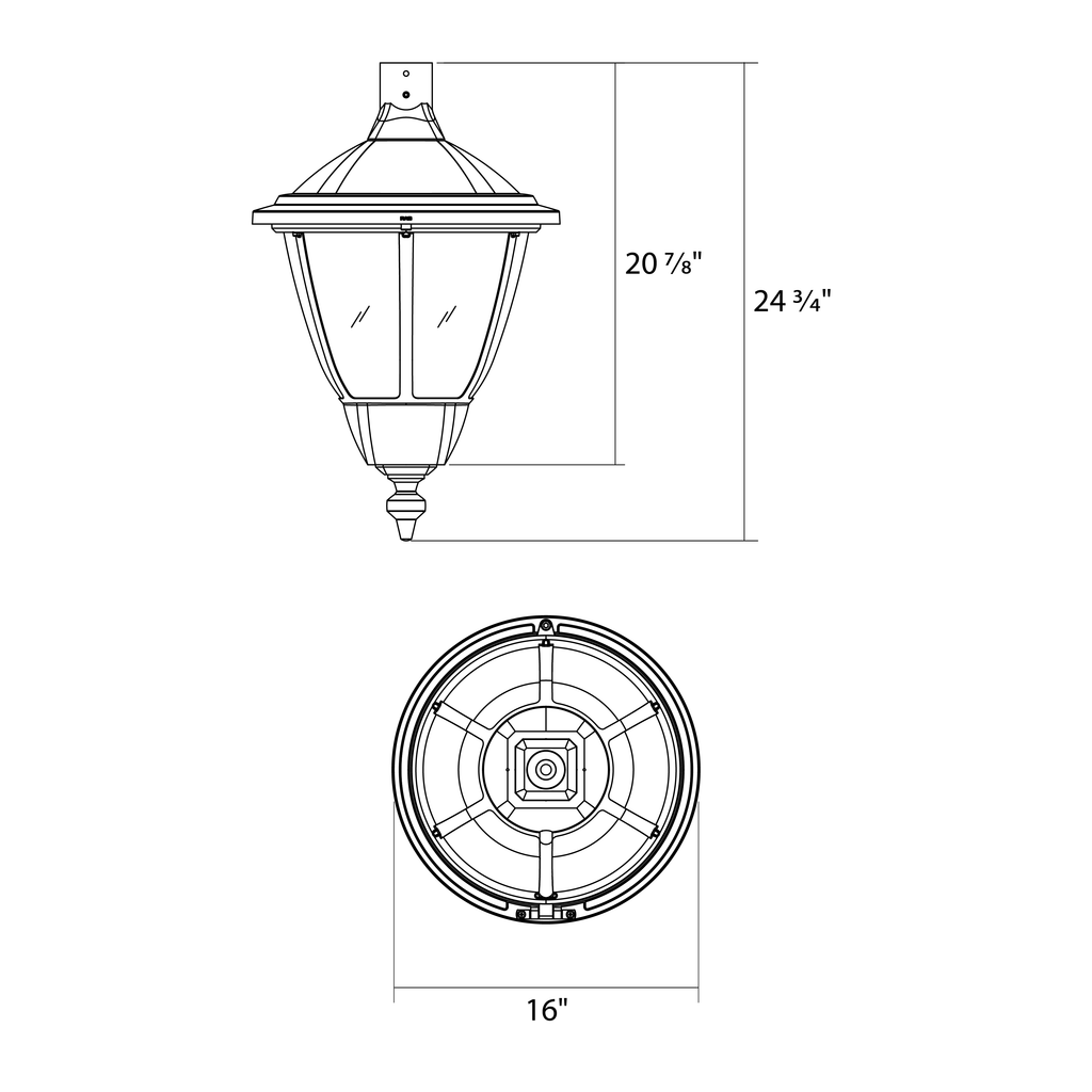Dimension drawing of the RAB HTG-RPB Heritage Round Outdoor Pendant Light – 60W-120W Selectable – Type III/Type V Distribution – 3000K/4000K/5000K Selectable – 5089-15401 Lumens – 120-277V – Black Finishshowing fixture dimensions and mounting measurements.
