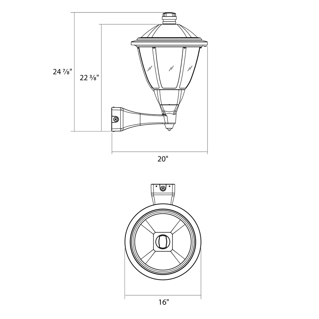 Dimension drawing of the RAB HTG-RWMB/7PRS Heritage Round Outdoor Wall Sconce – 60W-120W Selectable – Type III/Type V Distribution – 3000K/4000K/5000K Selectable – 5089-15401 Lumens – 120-277V – NEMA 7-Pin Photocontrol Receptacle – Black Finishshowing fixture dimensions and mounting measurements.