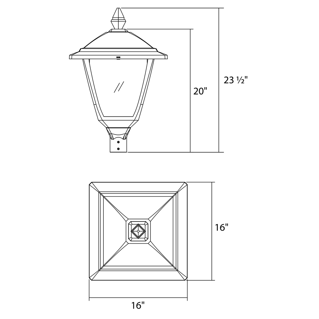 Dimension drawing of the RAB HTG-S Heritage Square Outdoor Post Top Light – 60W-120W Selectable – Type III/Type V Distribution – 3000K/4000K/5000K Selectable – 5089-15401 Lumens – 120-277V – Bronze Finishshowing fixture dimensions and mounting measurements.