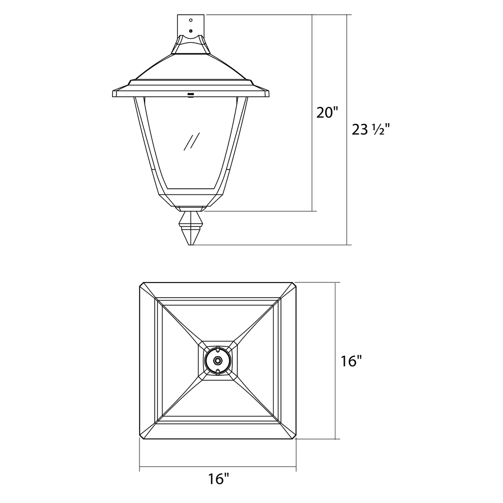 Dimension drawing of the RAB HTG-SPB/480 Heritage Square Outdoor Pendant Light – 60W-120W Selectable – Type III/Type V Distribution – 3000K/4000K/5000K Selectable – 5089-15401 Lumens – 480V – Black Finishshowing fixture dimensions and mounting measurements.
