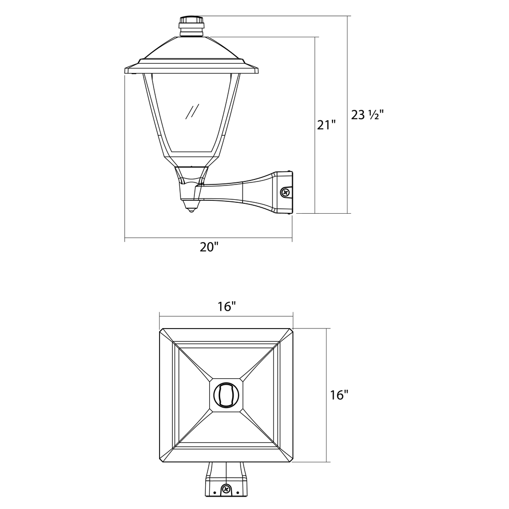 Dimension drawing of the RAB HTG-SWMB/7PRS Heritage Square Outdoor Wall Sconce – 60W-120W Selectable – Type III/Type V Distribution – 3000K/4000K/5000K Selectable – 5089-15401 Lumens – 120-277V – NEMA 7-Pin Photocontrol Receptacle – Black Finishshowing fixture dimensions and mounting measurements.