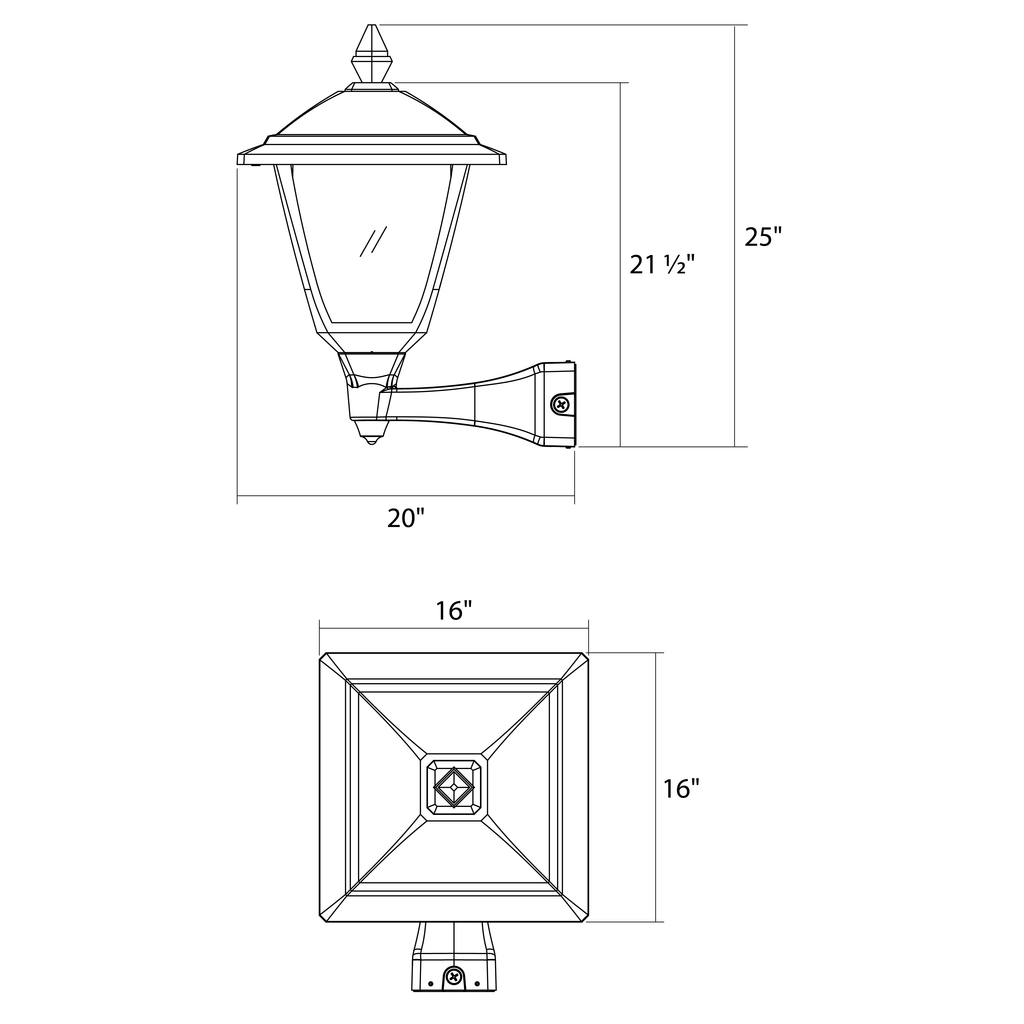 Dimension drawing of the RAB HTG-SWMB Heritage Square Outdoor Wall Sconce – 60W-120W Selectable – Type III/Type V Distribution – 3000K/4000K/5000K Selectable – 5089-15401 Lumens – 120-277V – Black Finishshowing fixture dimensions and mounting measurements.