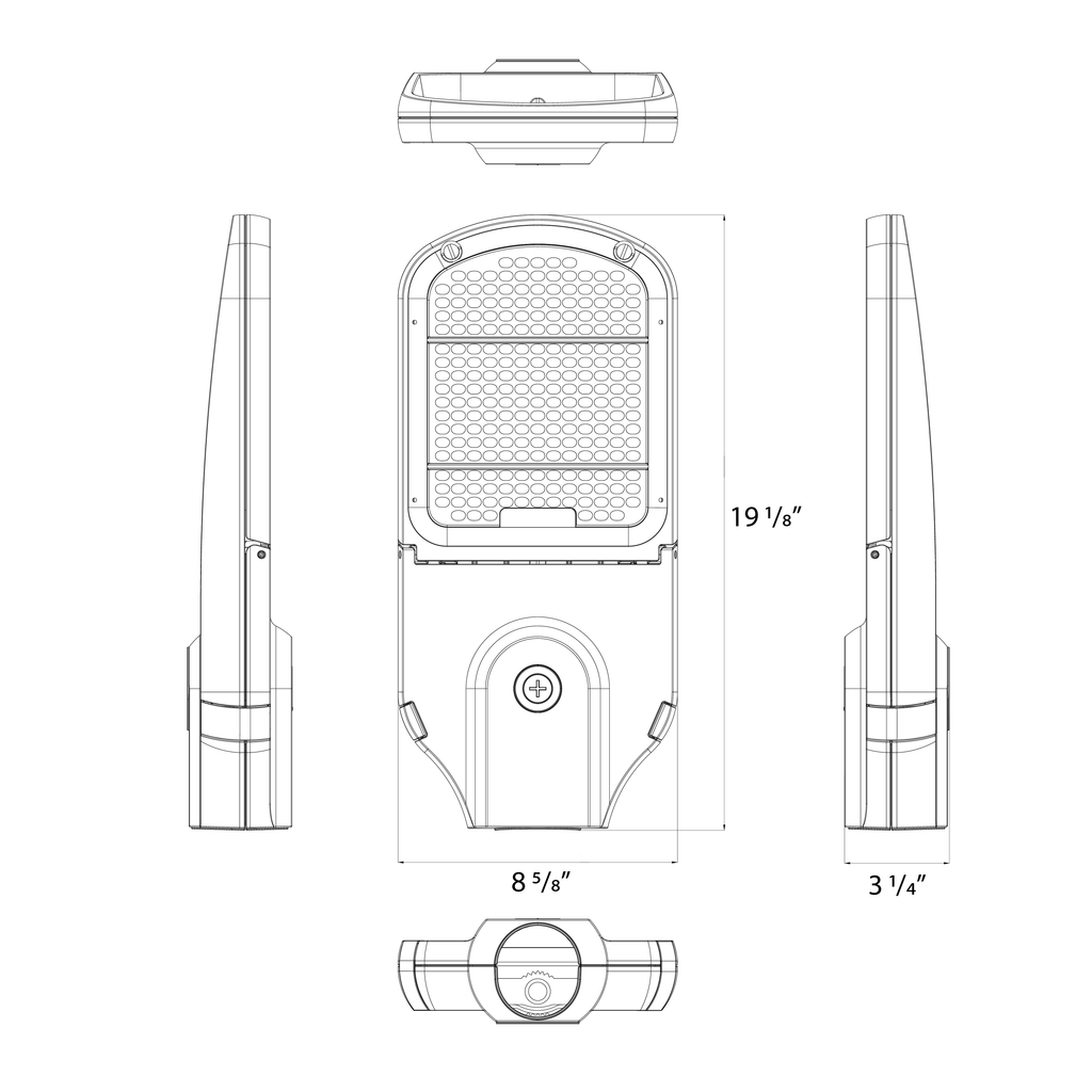 Dimension drawing of the RAB KAI-3T100 KAI Type III LED Roadway Light – Selectable 60W/80W/100W – Selectable 3000K/4000K/5000K – 9228-15179 Lumens – 120-277V – Pole Mount – Bronze Finishshowing fixture dimensions and mounting measurements.
