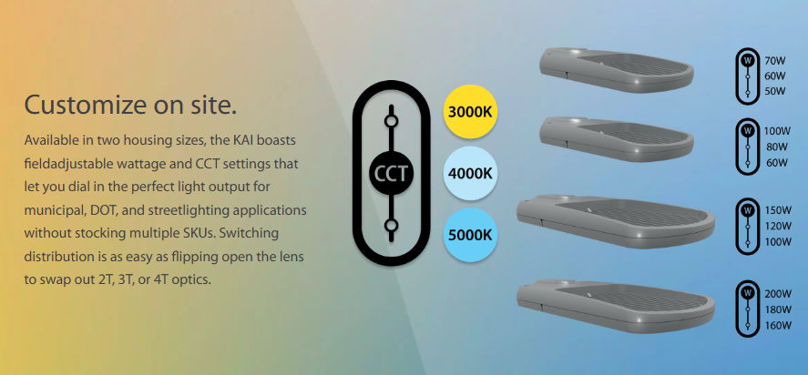 RAB KAI-2T70 KAI Type II LED Roadway Light – Selectable 50W/60W/70W – Selectable 3000K/4000K/5000K – 7091-11073 Lumens – 120-277V – Pole Mount – Bronze Finish