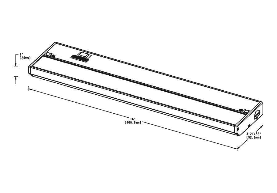 Dimension drawing of the RAB KNOOKFA16 KNOOK Field-Adjustable LED Under Cabinet Light – 16" – 9W – Selectable 2700K/3000K/3500K/4000K/5000K – 351-796 Lumens – 120V – Brown Finishshowing fixture dimensions and mounting measurements.