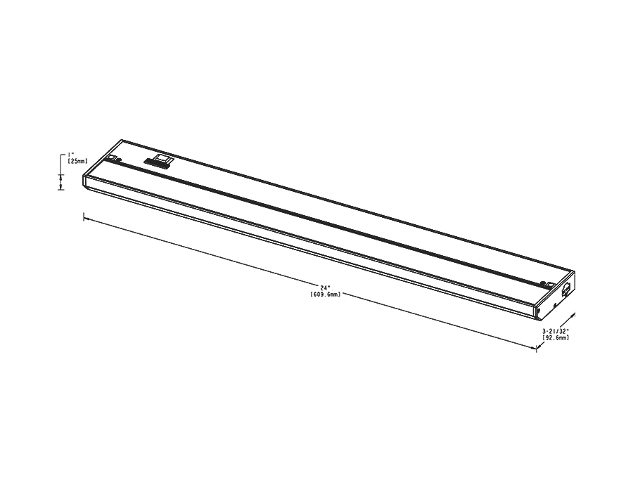 Dimension drawing of the RAB KNOOKFA24W KNOOK Field-Adjustable LED Under Cabinet Light – 24" – 13W – Selectable 2700K/3000K/3500K/4000K/5000K – 540-1219 Lumens – 120V – White Finishshowing fixture dimensions and mounting measurements.