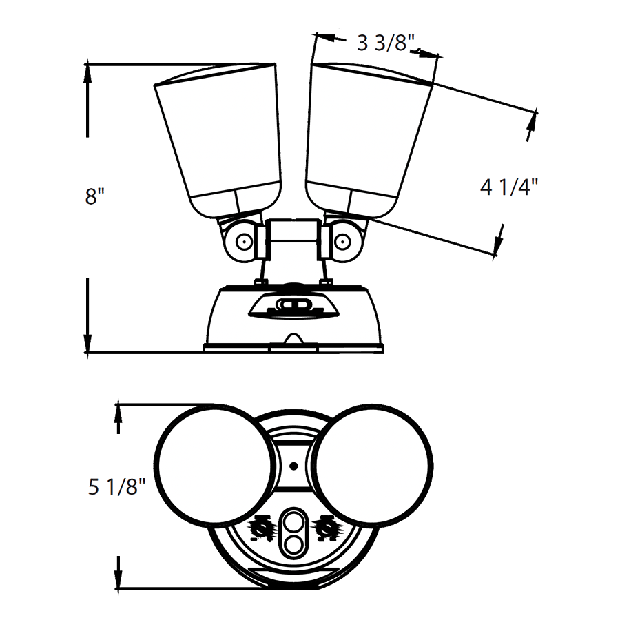 Dimension drawing of the RAB L2XB LUMINATOR Dual Head Flood Light – 20W – Selectable 3000K/4000K/5000K – 2000-2094 Lumens – 120V – No PIR Sensor – Black Finishshowing fixture dimensions and mounting measurements.