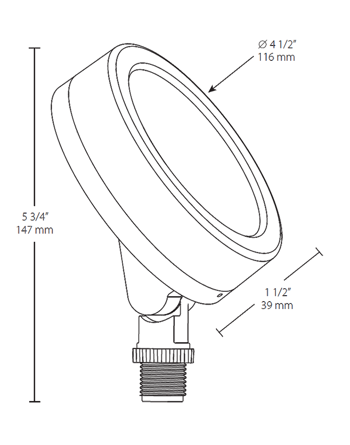 Dimension drawing of the RAB LES13NVG LESLIE Bullet Flood Light – 13W – 4000K – 1347 Lumens – 120V – 80 CRI – Verde Green Finishshowing fixture dimensions and mounting measurements.