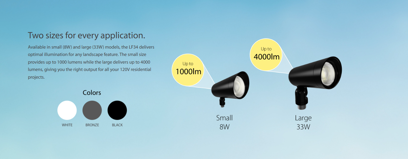 RAB LF34SB L34 CCT-Adjustable Landscape Light – Small – 8W – Selectable 2700K/3000K/3500K/4000K/5000K – 995-1043 Lumens – 120V – Black Finish
