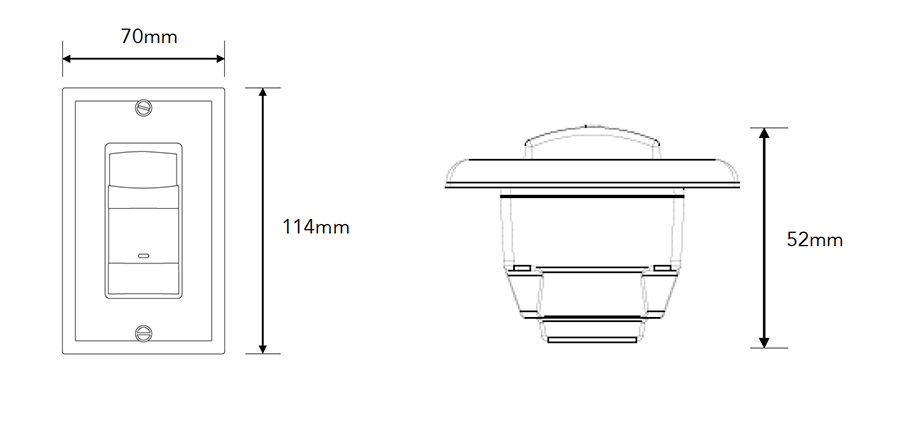 Dimension drawing of the RAB LOS1000W/120 Occupancy Sensor – 1000W – 120V – Wall Mount – Whiteshowing fixture dimensions and mounting measurements.