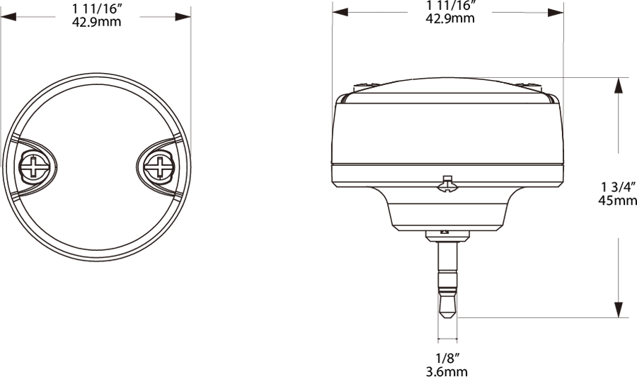 Dimension drawing of the RAB MW-S Microwave Sensor with Photocell for HID Lamps – 15VDCshowing fixture dimensions and mounting measurements.