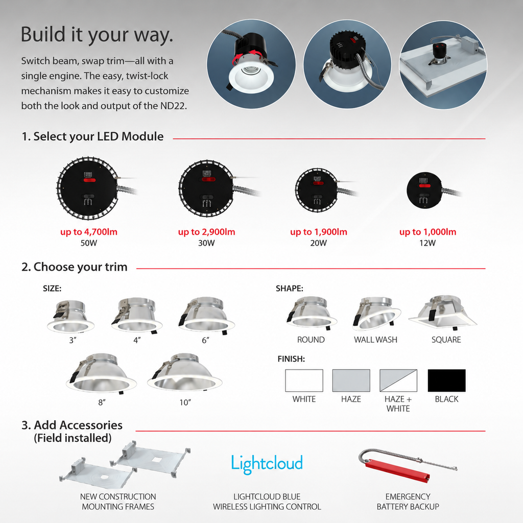 RAB ND22-12 ND22 3-Inch Modular Downlight – 12W – 3-Wattage & 5-CCT Selectable – Adjustable Beam Angle – Trimless Module – 120-277V – 600-1000 Lumens