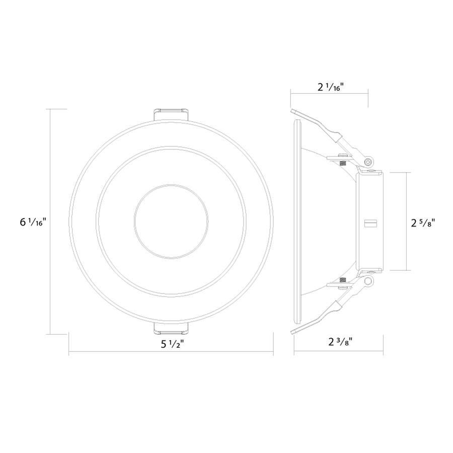 Dimension drawing of the RAB ND22T-4RHW ND22 4-Inch Round Trim – Haze Cone – White Flangeshowing fixture dimensions and mounting measurements.