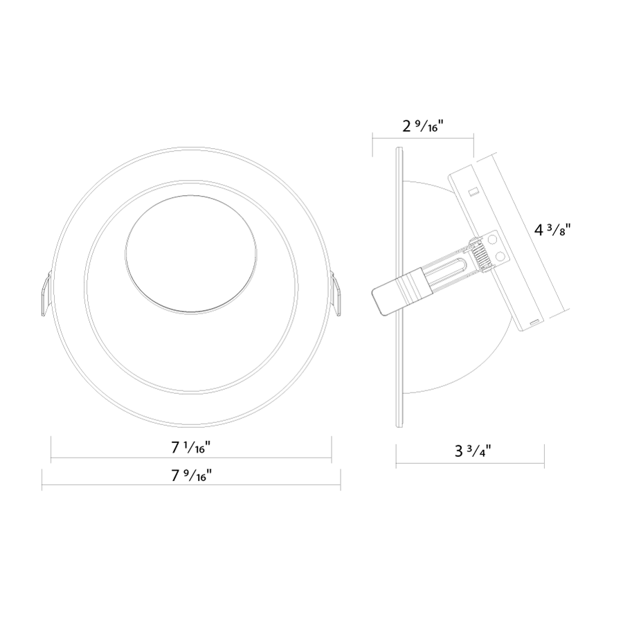 Dimension drawing of the RAB ND22T-6HRW-WW ND22 6-Inch Wall Wash Trim – White Cone – White Flangeshowing fixture dimensions and mounting measurements.