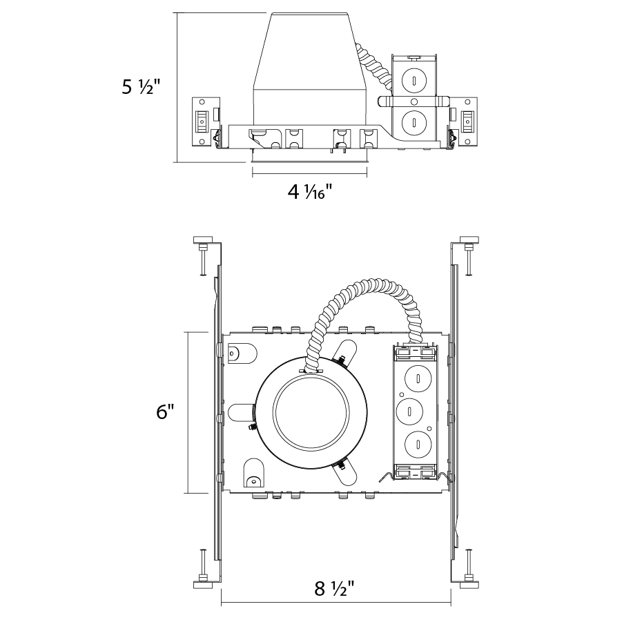 Dimension drawing of the RAB NDCANIC4R 4in New Construction Recessed Housing – IC Ratedshowing fixture dimensions and mounting measurements.